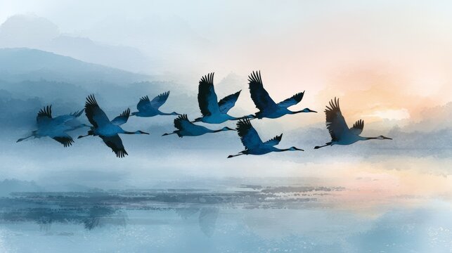 Scenic Illustration of Cranes Flying Over Water and Mountains