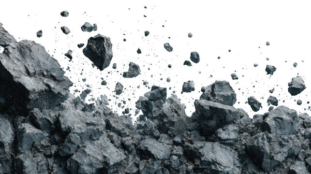 Dynamic grey rock fragments and debris scattering against a stark black background
