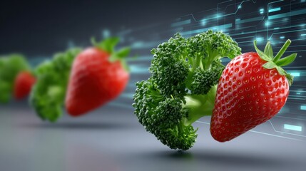 Strawberries and broccoli placed together with a digital background showing motion effects