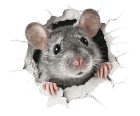 Curious Mouse Peeking Through: A charming grey mouse peeks out from a torn hole, its small paws gripping the edges, and beady eyes gleaming with curiosity. 