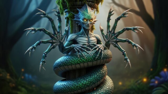 Serpentine forest guardian with luminous eyes, a multi-limbed creature coiled around an ancient