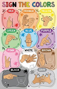 Sign language colors poster for kids. Educational ASL chart teaching basic colors with hand gestures. Fun learning wall art for preschool classroom