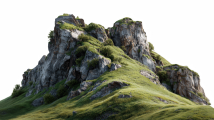 Majestic rocky outcrop with vibrant green grass and natural scrubland vegetation on a clear day