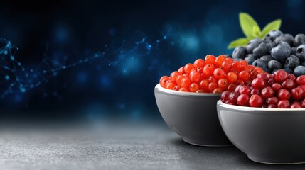 Fresh fruits in bowls displayed on a surface with a dark background