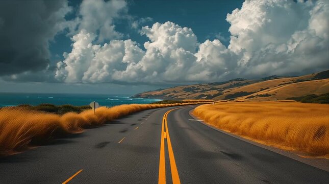 Coastline road journey along a sunny beach with rolling clouds and open fields