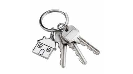 New home ownership concept: shiny house keys with a charming keyring on a black background