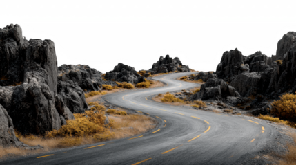 A winding asphalt road curves through rugged rock formations and dry golden vegetation