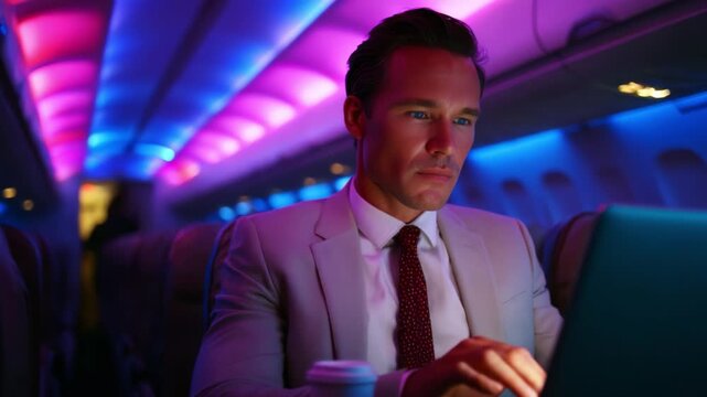 A focused business professional works diligently on a laptop while seated in an airplane cabin, illuminated by vivid blue and purple lighting, highlighting the modern yet tranquil atmosphere of air