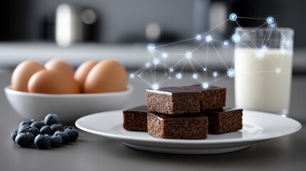 Breakfast scene with eggs, brownies, milk, and blueberries on a kitchen counter with digital elements around