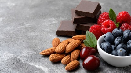 Fresh berries, nuts, and dark chocolate arranged on a tabletop in a kitchen setting during daylight