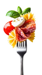 Caprese salad appetizer on fork with salami tomato mozzarella and basil leaves
