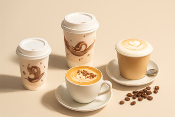 Collection of gourmet coffee drinks in various cups and mugs