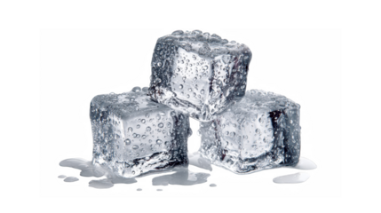 Three glistening ice cubes with melting water droplets against a stark black backdrop