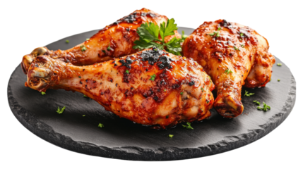 Delicious grilled chicken drumsticks served on a dark stone plate closeup