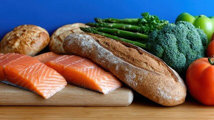 Fresh salmon fillets with vegetables and bread on a wooden board against a blue background