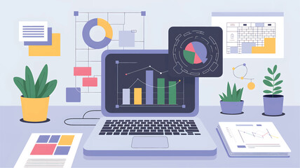 Laptop with business graphs and charts on screen surrounded by potted plants and papers, computer