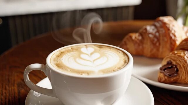 Steaming latte art in a white cup beside flaky croissants on a wooden table