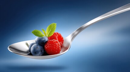 Fresh berries sit on a silver spoon against a blue background during a food photography session