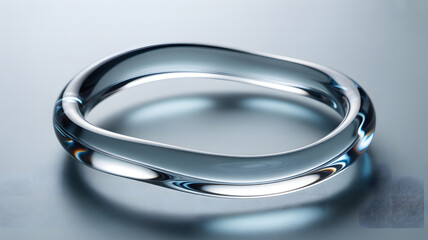 Elegant clear twisted glass Mobius loop object on a softly lit light blue grey surface