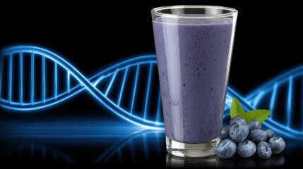 Blueberry smoothie served in a clear glass on a dark background with a DNA strand design