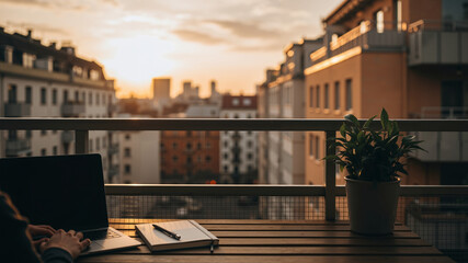 Naklejka premium Balcony desk at sunset with laptop and notebook beside plant 