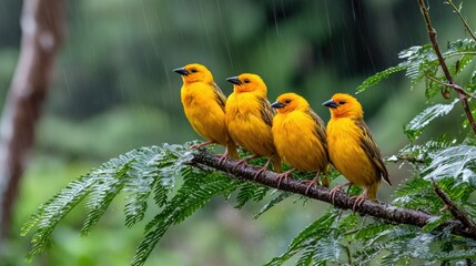 Four yellow birds sit on a branch during rain in a forest setting