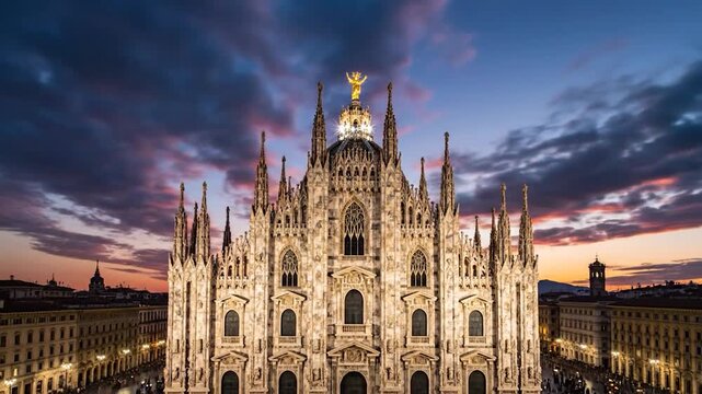 Ornate Gothic cathedral against a dramatic sunset sky