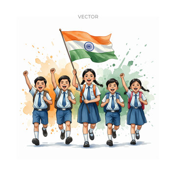 Republic Day of India background, Children Holding Indian tricolour flag and celebrating freedom festival.