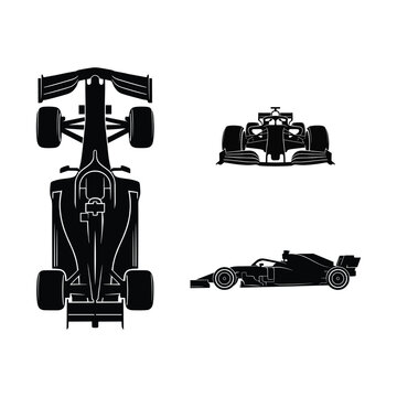 Formula one racing car silhouette set top view front view and side view motorsport vector illustration isolated on white background