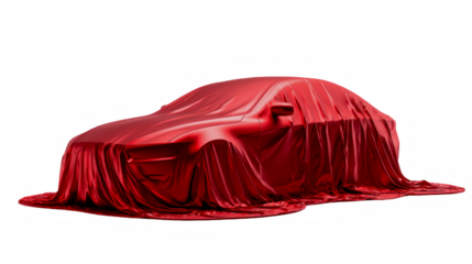 A new luxury car covered in a vibrant red silk cloth on a dark background
