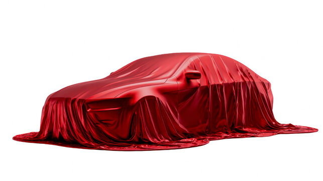 A new luxury car covered in a vibrant red silk cloth on a dark background