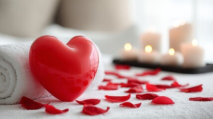 Naklejka premium Romantic spa setting with red heart balloon and rose petals on massage table, soft warm lighting, wellness treatment room interior, Valentine’s Day promotion concept with copy space
