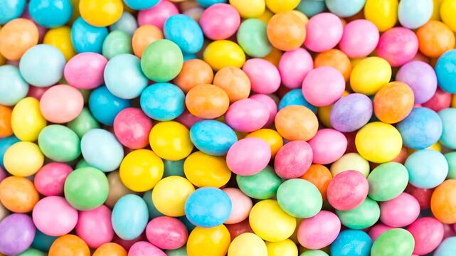 Close-up of candy-coated sweets. Colorful, smooth, rounded shapes fill the frame. Treats with varied hues