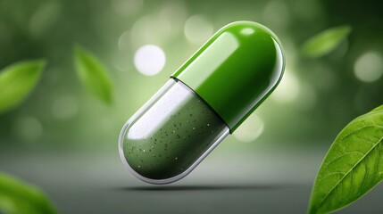 Green capsule with leaf background shows herbal product used for health and wellness in natural setting