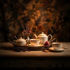 Fototapeta premium Elegant Vintage Tea Set with Floral Decoration on Rustic Table in Warm Ambient Light