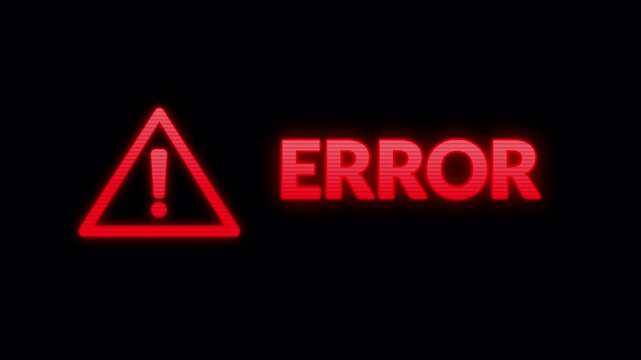 Red glowing error alert with warning triangle and exclamation mark beside digital typing ERROR text. 4k alpha channel animation