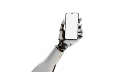 A futuristic robotic hand holding a modern smartphone with a blank white screen