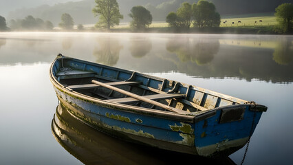 Obraz premium Weathered Blue Wooden Rowboat Idly Floating on a Tranquil Misty Lake in Early Morning Light.