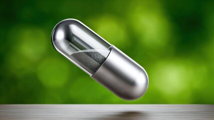 Capsule with dark powder floats above a wooden surface in a blurred green background during daylight