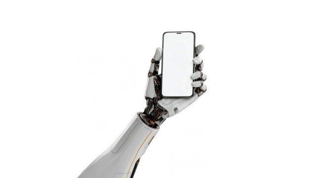 A futuristic robotic hand holding a modern smartphone with a blank white screen