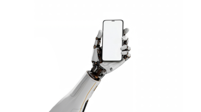 A futuristic robotic hand holding a modern smartphone with a blank white screen - Powered by Adobe