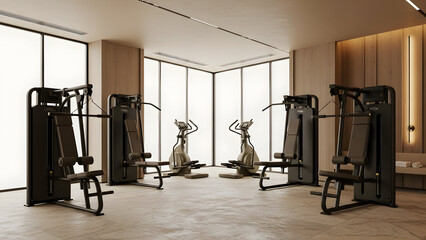 Fototapeta premium Modern gym equipment in a spacious, well-lit room