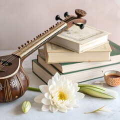 Obraz premium Veena with books and white flower