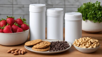 Containers with snacks and fruits arranged on a wooden table in a kitchen setting during the day