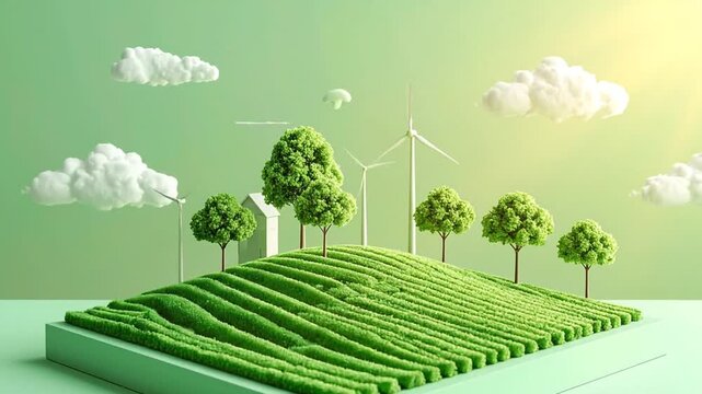 Miniature green landscape with a rolling hill, trees, wind turbines, and fluffy clouds