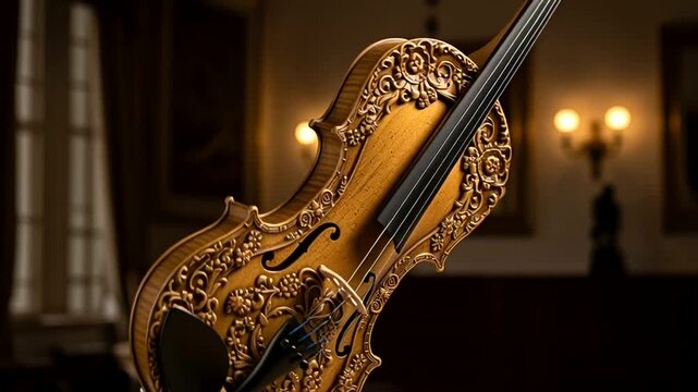 Ornate Violin on Table in Luxury Setting.
