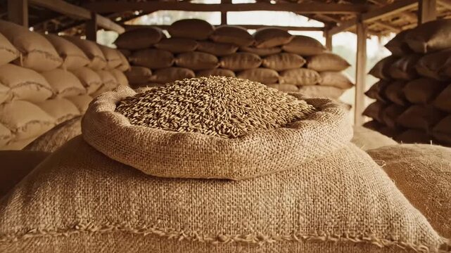 Raw commodity grains stored in open burlap sacks inside a warehouse ready for wholesale trade and export