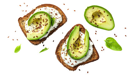 Two toasts with avocado and cream cheese with basil leaf on transparent background