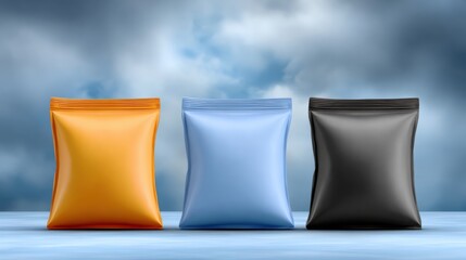 Three bags of snacks in various colors placed on a flat surface against a cloudy background
