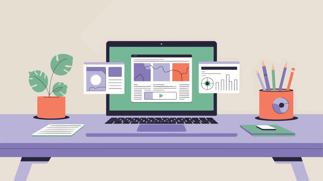 Purple desk with laptop, office supplies, and a plant, computer pencils